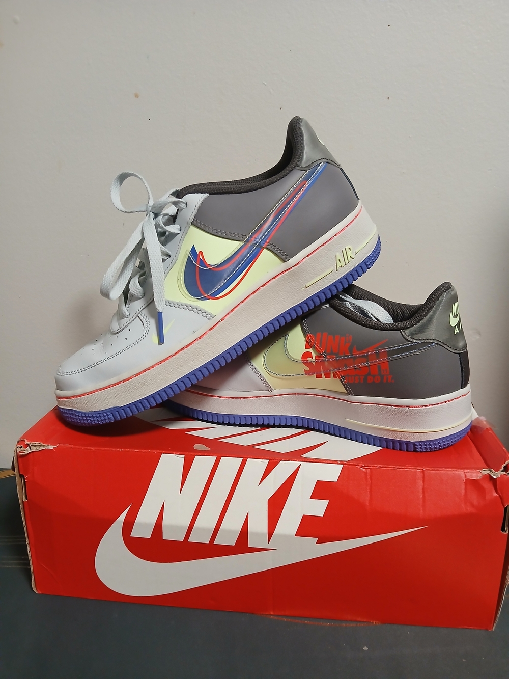 Nike Men Air Force 1 Low - Gray, White & Neon Yellow with Blue Accents